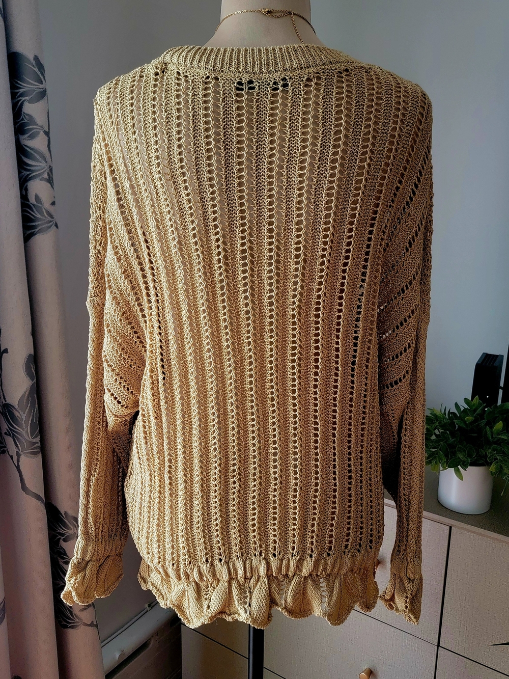 ZARA Mustard Yellow Open Crochet Knit Ruffle Beach Sweater Size M - Picture 3 of 8